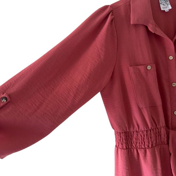 Naïf red rust midi-length dress collared neckline button-front closure 3/4 lengt - Picture 6 of 11